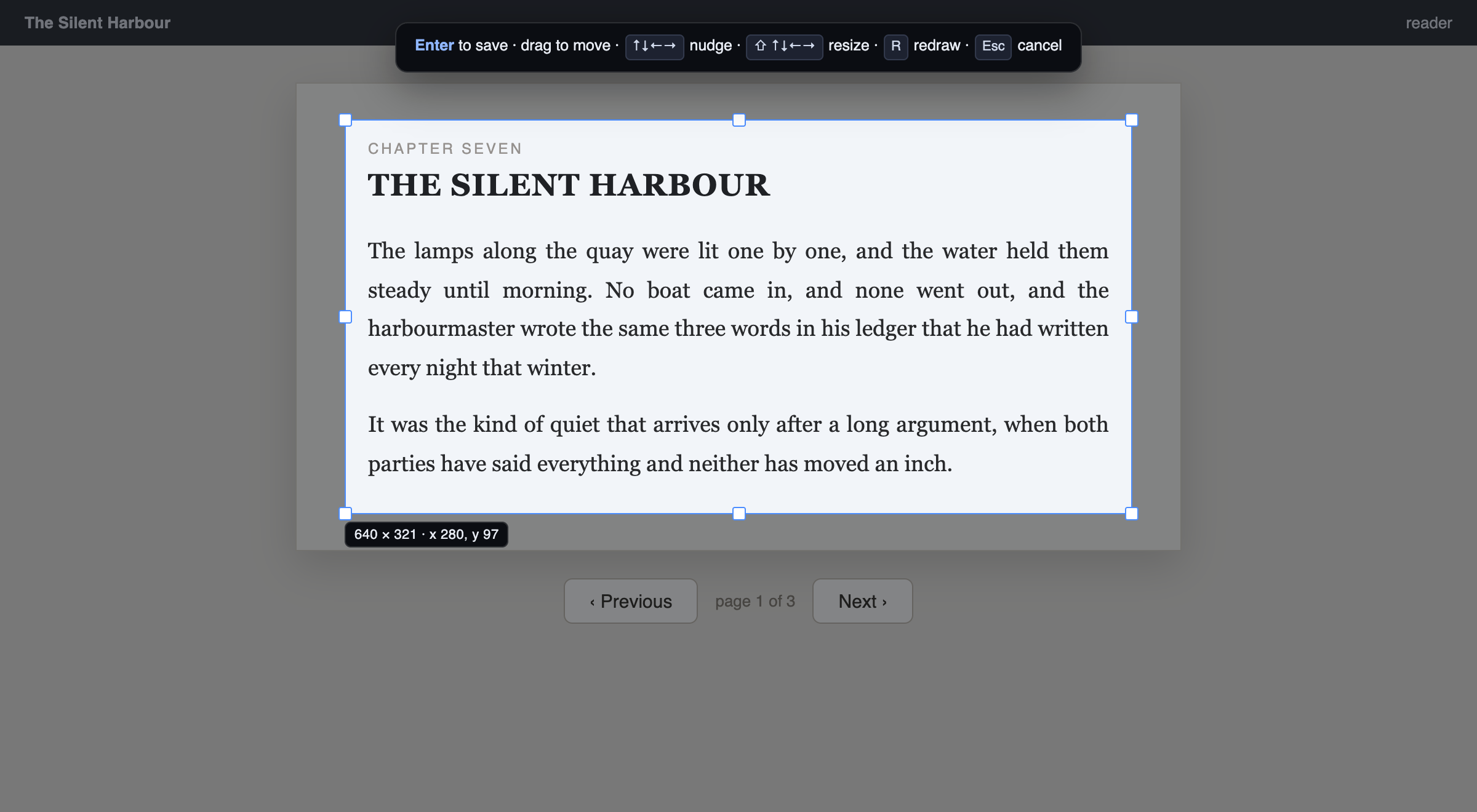 Drawing the capture region over the text of an ebook page